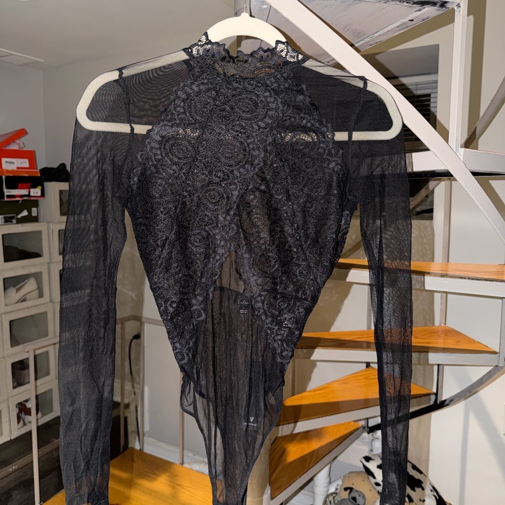 Lulu's Black Sheer Lace Bodysuit
